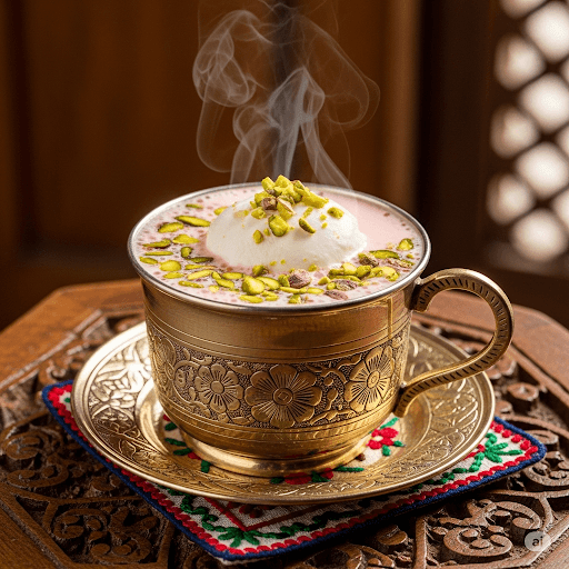 Kashmiri Tea (Noon Chai) - Pink-colored tea popular in northern regions, made with special tea leaves, baking soda, and topped with crushed pistachios.