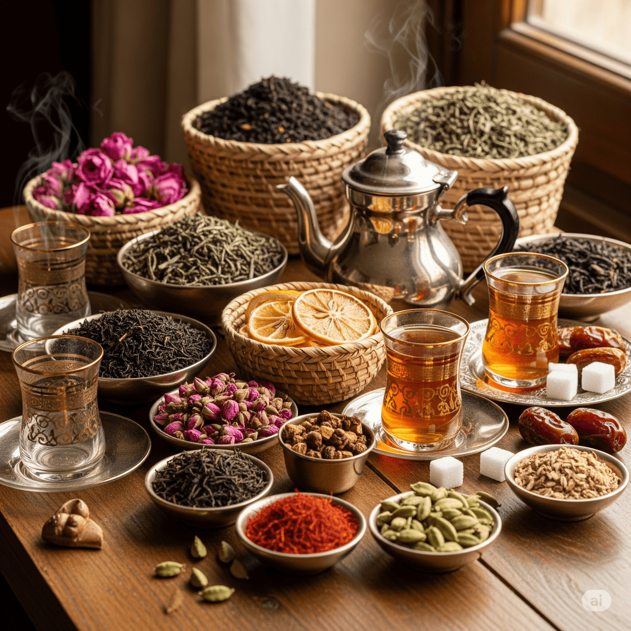 Various types of Persian tea leaves and herbs displayed beautifully