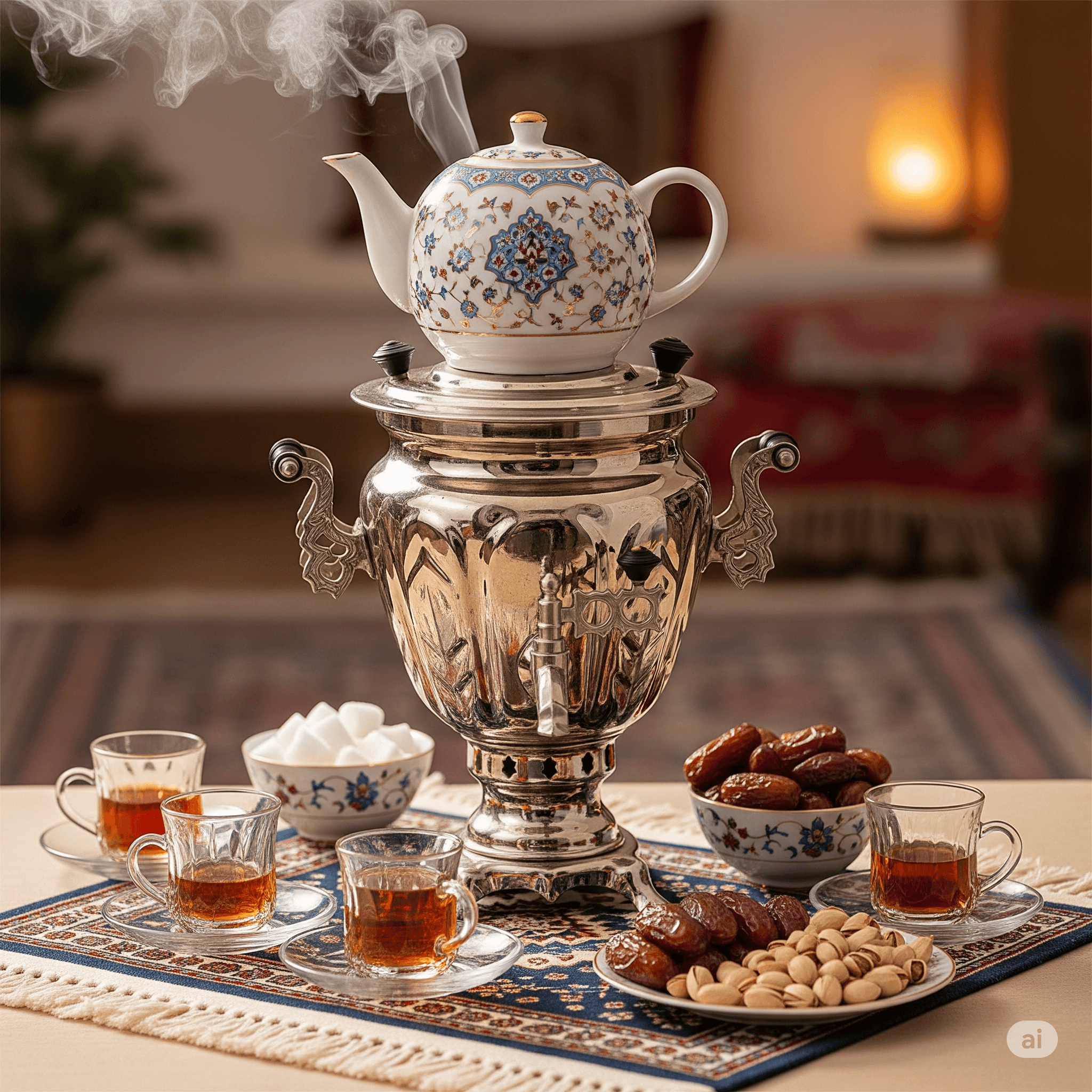 Traditional Persian tea brewing setup with samovar