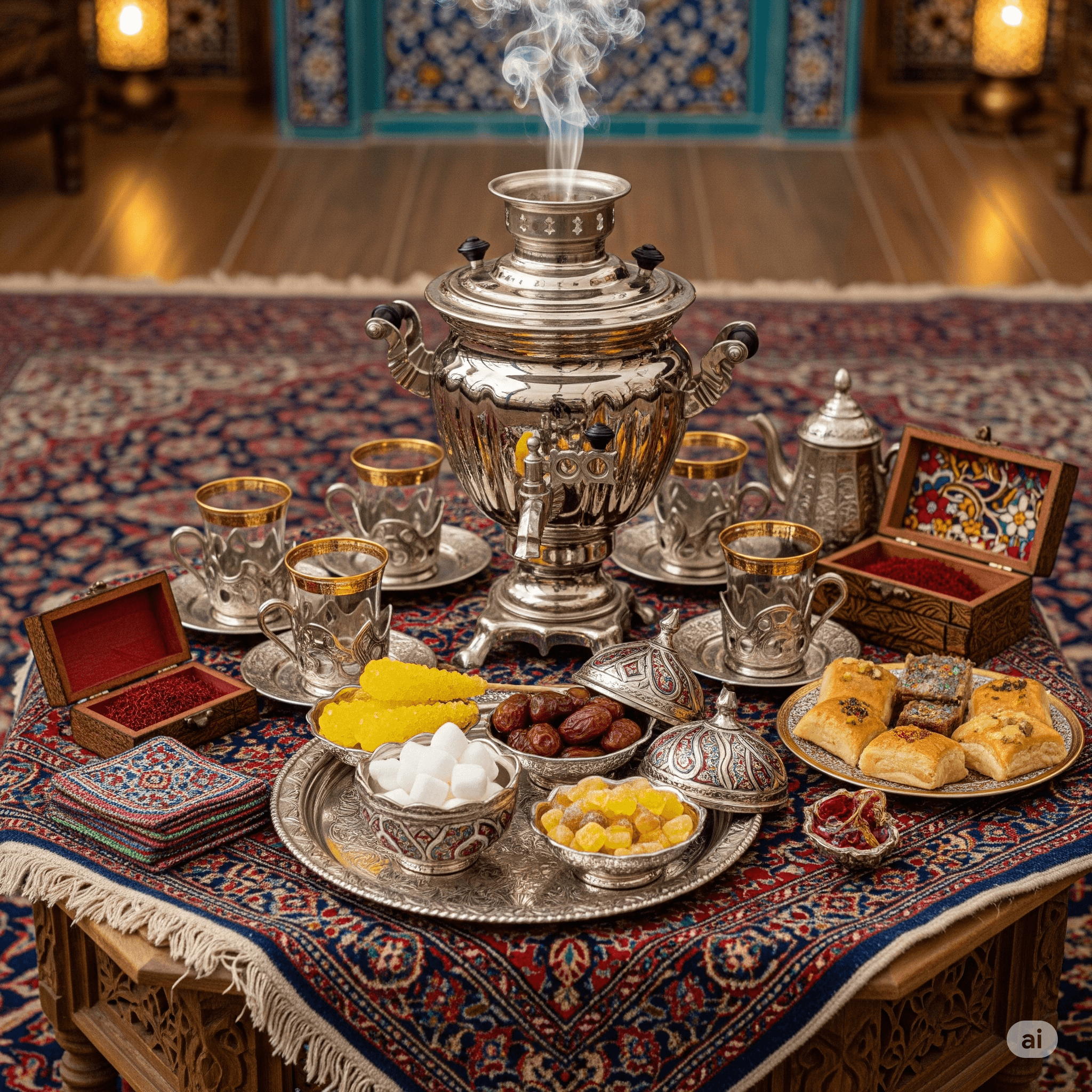 Complete Persian tea equipment laid out