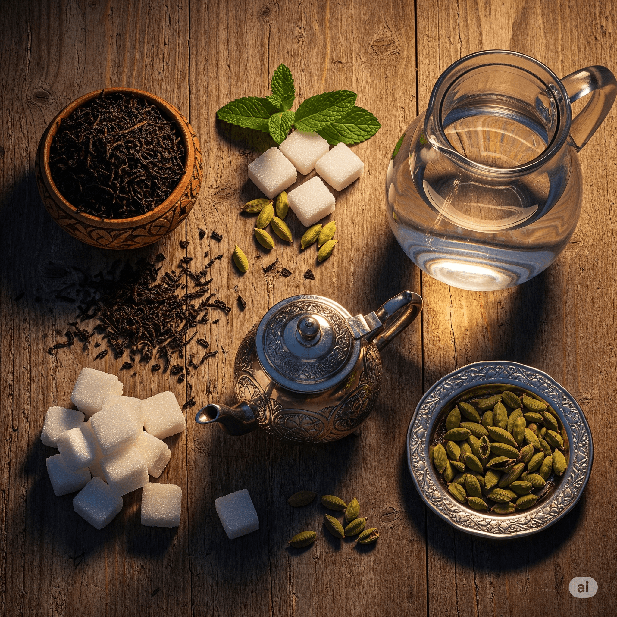 Persian tea ingredients - tea leaves, sugar cubes, cardamom